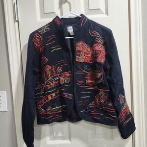 Chico's Embroidered Art Jacket Size 1 Medium Open Front Multicolor Cottagecore